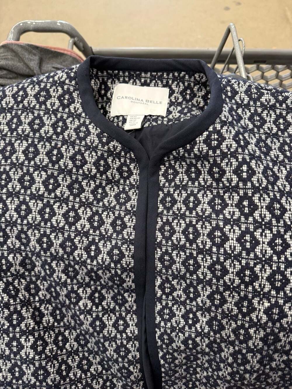 Carolina Belle Montreal Navy and White Geometric Pattern Collarless Open Front J